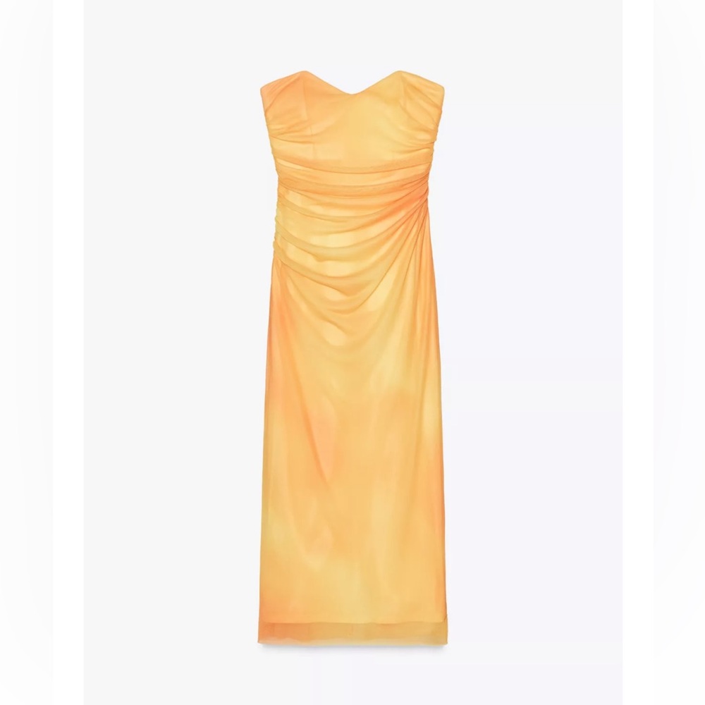 Zara NWT yellow orange tie dye printed tulle midi draped ruched sweetheart dress - Picture 13 of 15